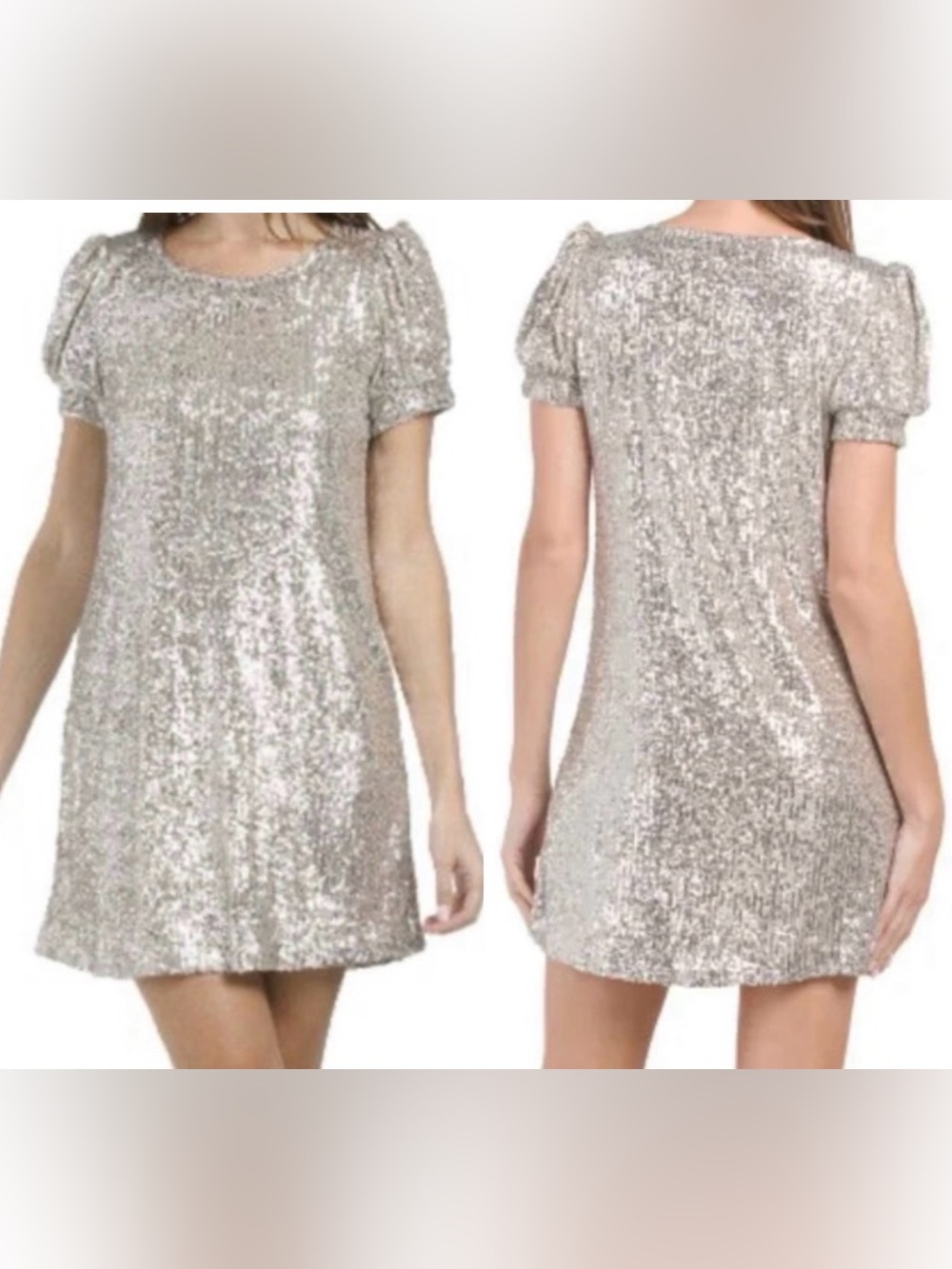 Cable & Gage Champagne Sequin Puff Sleeve Cocktail Holiday Party Dress Small